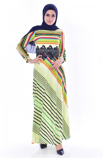 Çizgili Dantelli Elbise 2309-02 Fıstık Yeşili