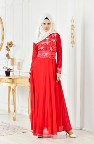 Red Hijab Evening Dress 1001-02