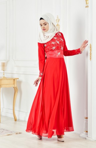 Red Hijab Evening Dress 1001-02