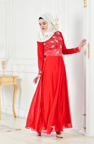 Strassstein Bedrucktes Abendkleid 1001-02 Rot 1001-02