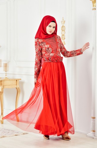 Red Hijab Evening Dress 2715-02