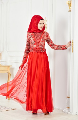 Red Hijab Evening Dress 2715-02