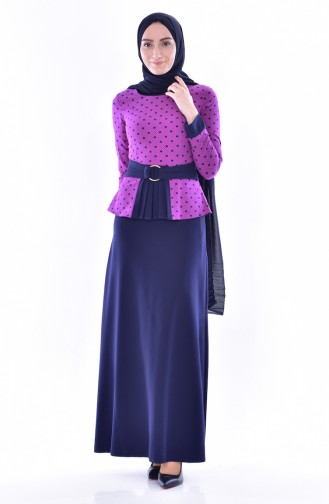 Polka Dot Pleated Dress 3000-01 Purple Navy Blue 3000-01