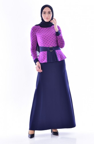 Polka Dot Pleated Dress 3000-01 Purple Navy Blue 3000-01