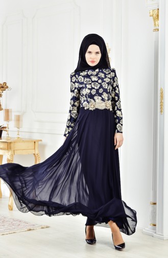 Navy Blue Hijab Evening Dress 2699-01