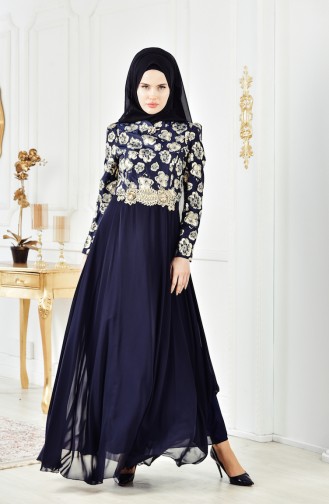 Navy Blue Hijab Evening Dress 2699-01