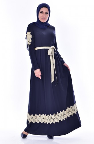 Lace Pleated Dress 2253-01 Navy Blue 2253-01