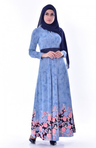 فستان مُطبع بتصميم حزام خصر 2786-01 لون أزرق 2786-01