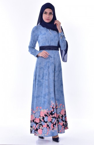 Patterned Belted Dress 2786-01 Blue 2786-01