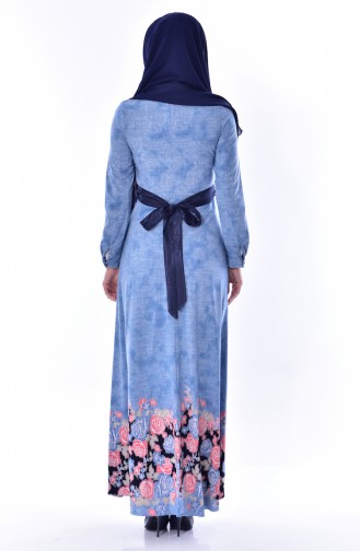 Desenli Kuşaklı Elbise 2786-01 Mavi