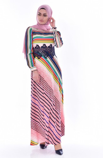 Robe a Rayure et Dentelle 2309-03 Corail 2309-03