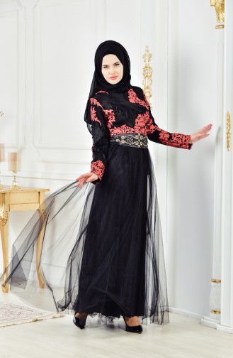 Abendkleid mit Spitzen 6369-01 Schwarz Koralle 6369-01