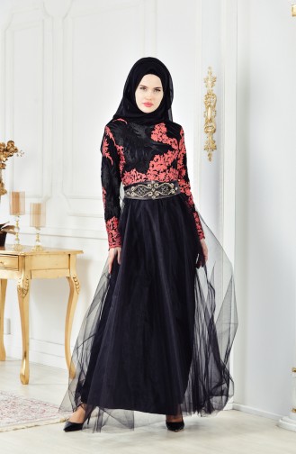 Abendkleid mit Spitzen 6369-01 Schwarz Koralle 6369-01