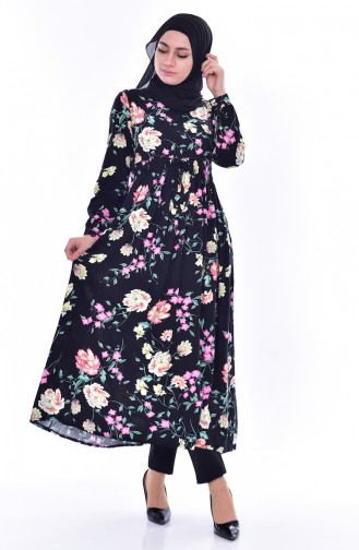 Lange Tunika mit Blumen Muster 3818-03 Schwarz Pink 3818-03