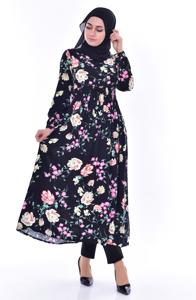 Lange Tunika mit Blumen Muster 3818-03 Schwarz Pink 3818-03