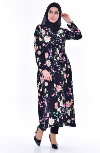 Lange Tunika mit Blumen Muster 3818-03 Schwarz Pink 3818-03