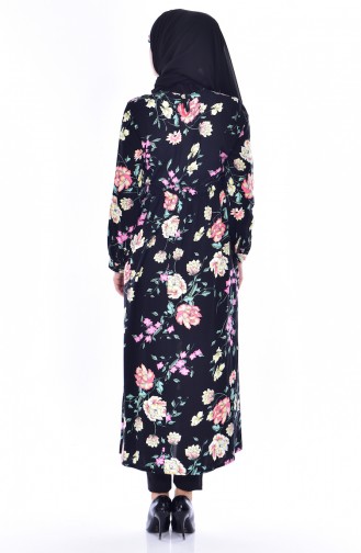 Lange Tunika mit Blumen Muster 3818-03 Schwarz Pink 3818-03