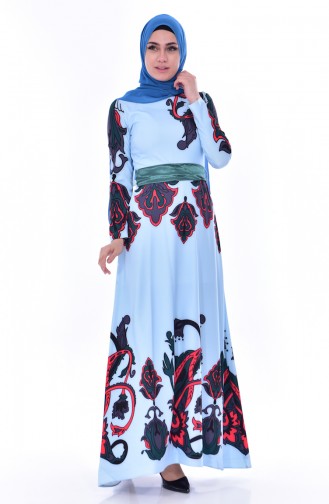 Robe a Motifs et Ceinture 2679-01 Bleu Bébé 2679-01