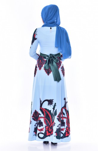 Gemustertes Kleid mit Gürtel 2679-01 Baby Blau 2679-01