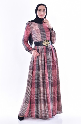 فستان بتصميم طيات حزام للخصر 1550-01 لون خمري 1550-01