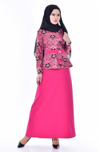 Gold Leaf Printed Dress 03006-01 Fuchsia 03006-01