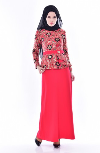 فستان مُطبع بتفاصيل لامعة 03006-04 لون أحمر 03006-04