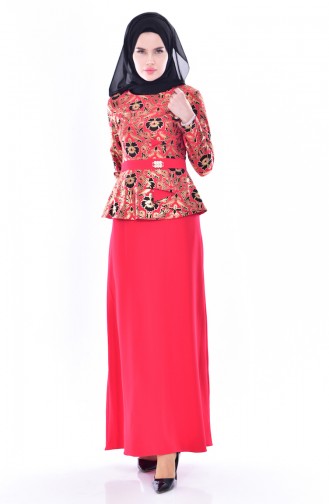 فستان مُطبع بتفاصيل لامعة 03006-04 لون أحمر 03006-04