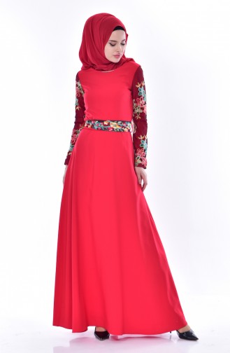Kolu Dantelli Elbise 3131-01 Kırmızı