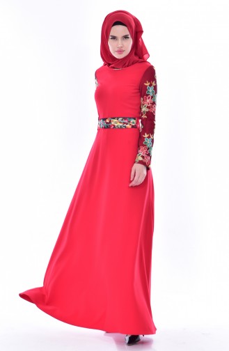 Kolu Dantelli Elbise 3131-01 Kırmızı