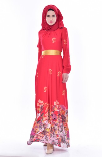 Robe a Motifs et Ceinture 9889-01 Rouge 9889-01