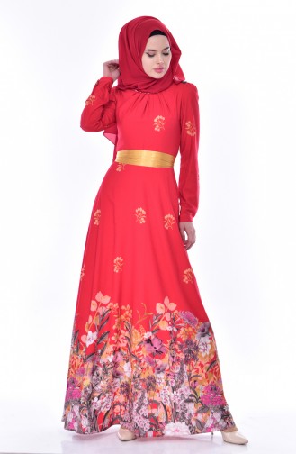 Robe a Motifs et Ceinture 9889-01 Rouge 9889-01