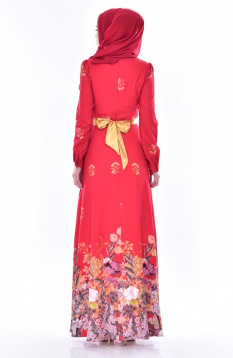 Desenli Kuşaklı Elbise 9889-01 Kırmızı