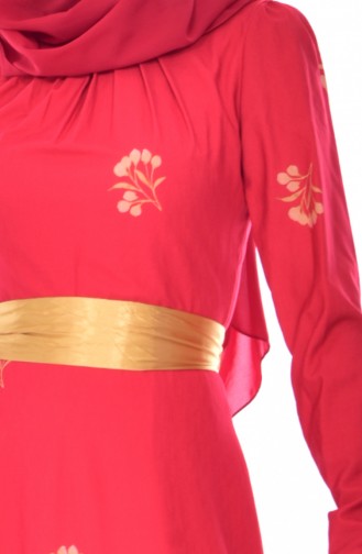 فستان مُطبع بتصميم حزام خصر 9889-01 لون أحمر 9889-01