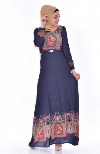 Patterned Belt Dress 2601-01 Navy 2601-01