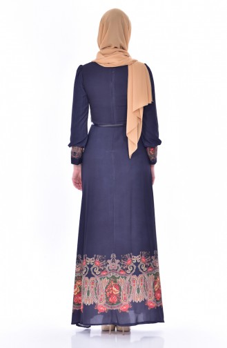 فستان مُطبع بتصميم حزام للخصر 2601-01 لون كحلي 2601-01