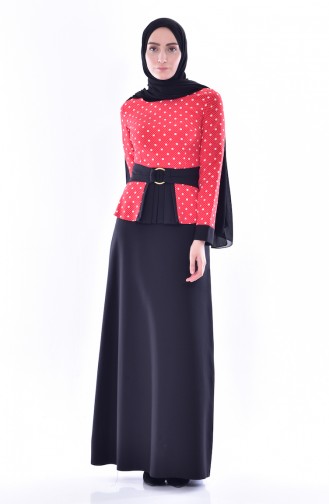 Puantiyeli Pileli Elbise 3000-02 Kırmızı Siyah