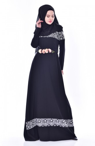 Perlen Kleid mit Gürtel 2526-01 Schwarz 2526-01