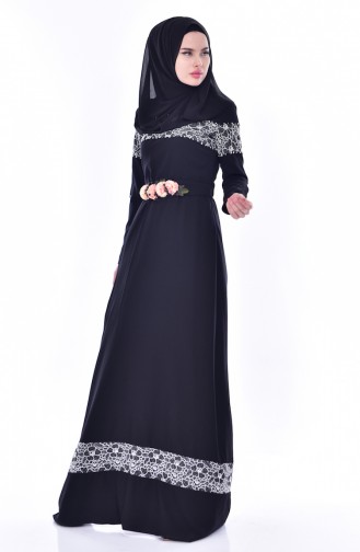 Perlen Kleid mit Gürtel 2526-01 Schwarz 2526-01