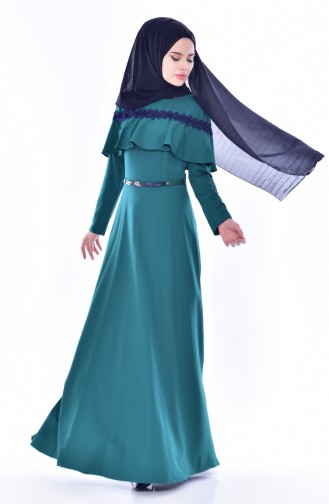 فستان بتصميم حزام للخصر مُزين بالكشكش 2721-02 لون اخضر زُمردي 2721-02