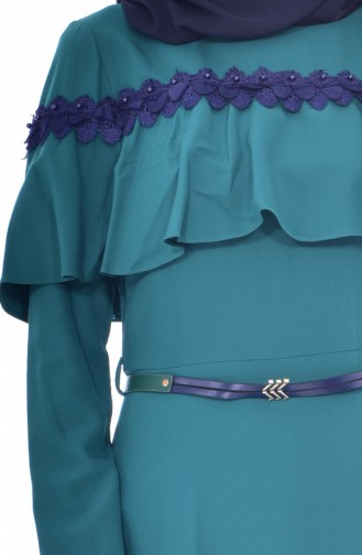 فستان بتصميم حزام للخصر مُزين بالكشكش 2721-02 لون اخضر زُمردي 2721-02