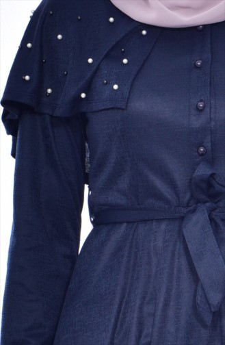 فستان بتصميم حزام خصر وياقة متدلية 1863-02 لون كحلي 1863-02