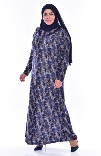 فستان بتصميم مُطبع بمقاسات كبيرة 4438E-04 لون كحلي وبني مائل للرمادي 4438E-04