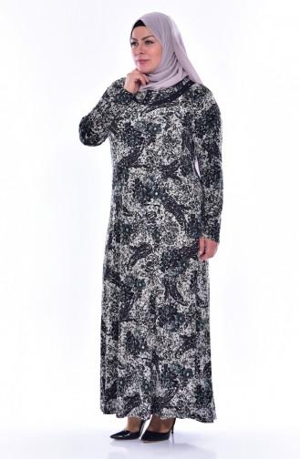 Büyük Beden Desenli Elbise 4438B-04 Siyah Haki