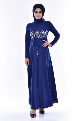 Besticketes Kleid mit Gürtel 0552-06 Dunkelblau 0552-06