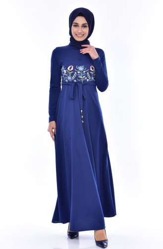 Besticketes Kleid mit Gürtel 0552-06 Dunkelblau 0552-06