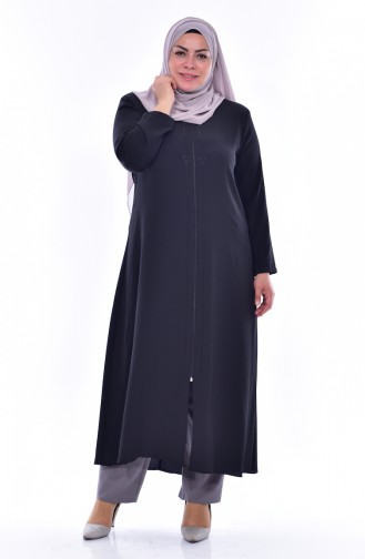 Large Size Stone Printed Zippered Abaya 1034-03 Black 1034-03