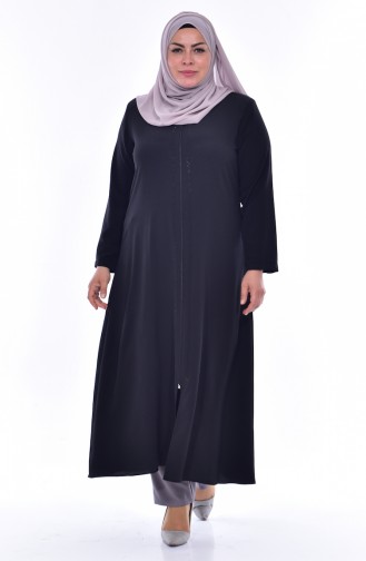 Large Size Stone Printed Zippered Abaya 1034-03 Black 1034-03