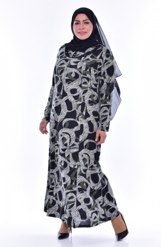 Büyük Beden Desenli Elbise 4438D-04 Siyah Haki