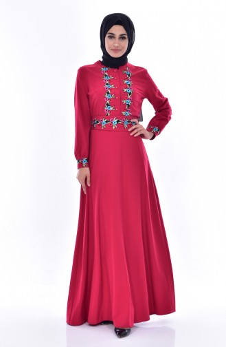 Embroidered Belted Dress 2706-02 Claret Red 2706-02