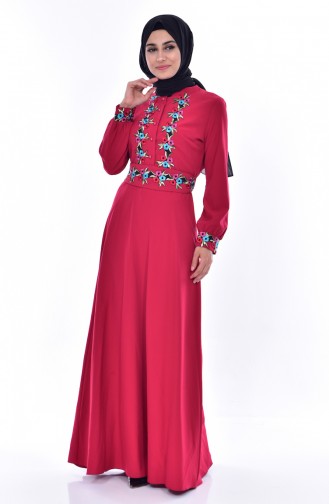 Embroidered Belted Dress 2706-02 Claret Red 2706-02